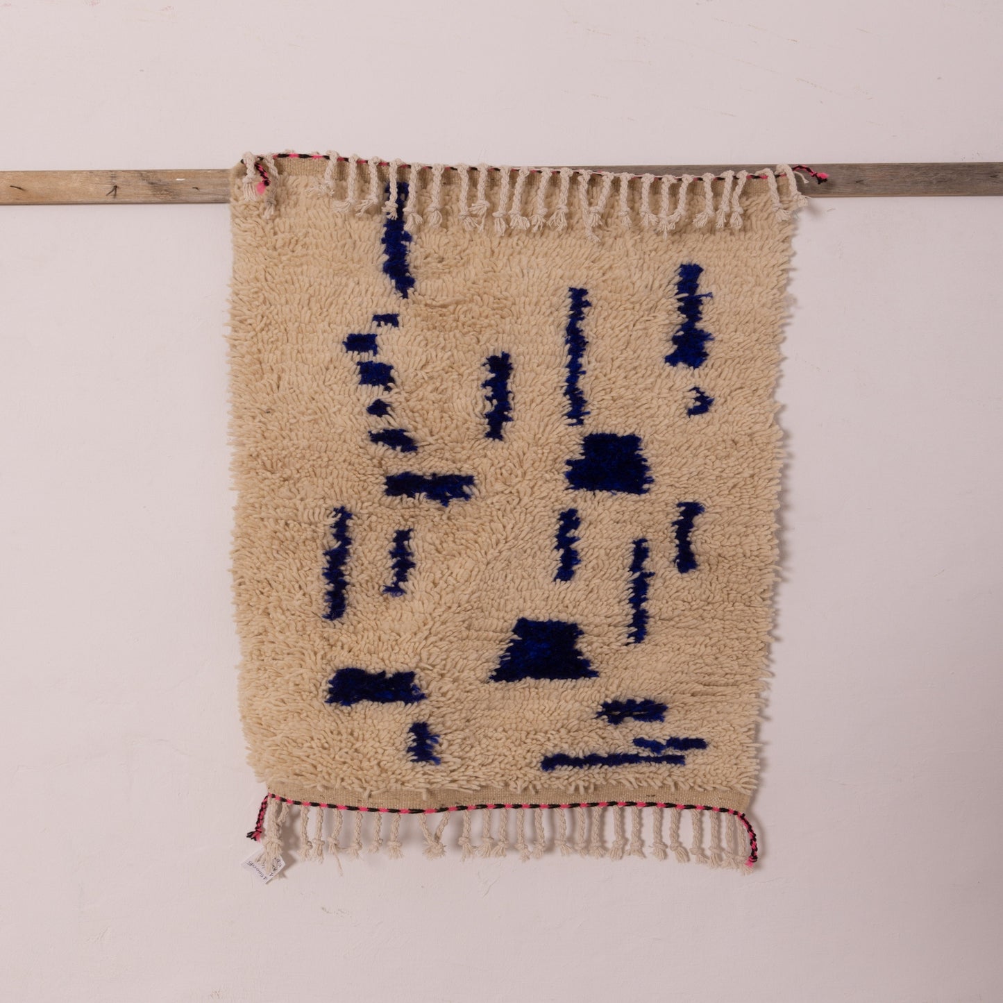New Handmade Azilal Wool Rug - Bold Blue and Cream Tribal Design - Moroccan Accent for Wall or Floor