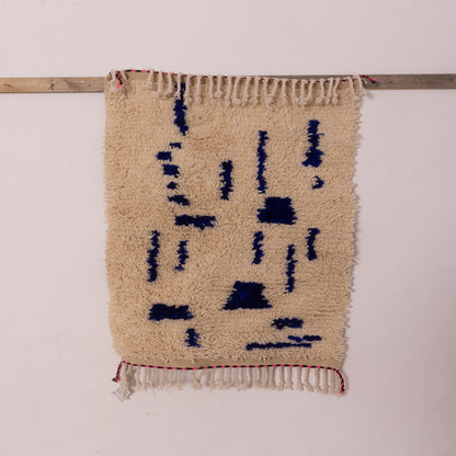 New Handmade Azilal Wool Rug - Bold Blue and Cream Tribal Design - Moroccan Accent for Wall or Floor
