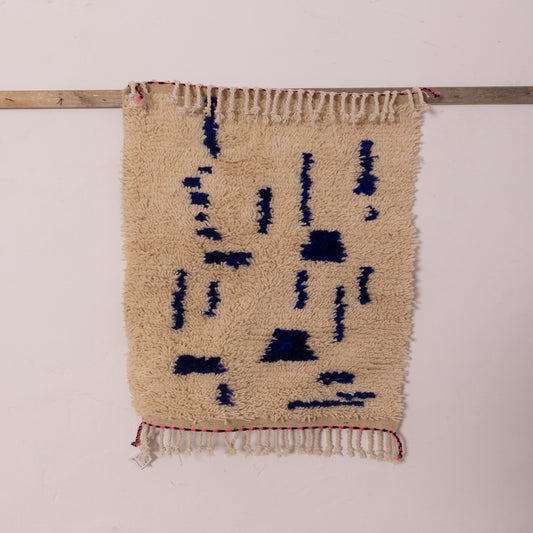 New Handmade Azilal Wool Rug - Bold Blue and Cream Tribal Design - Moroccan Accent for Wall or Floor