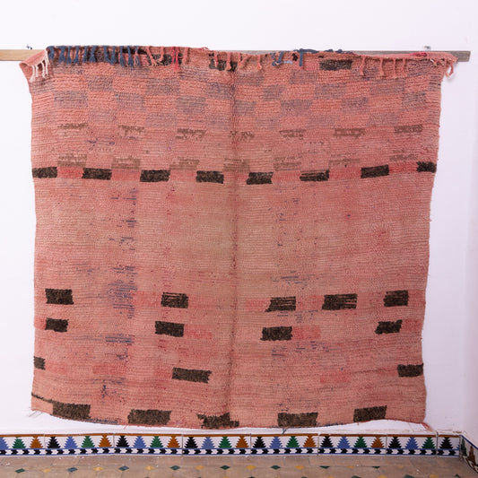 Vintage Bjaad Moroccan Rug – Handmade Pink Berber Wool Carpet with Minimalist Tribal Accents – Unique Bohemian Decor