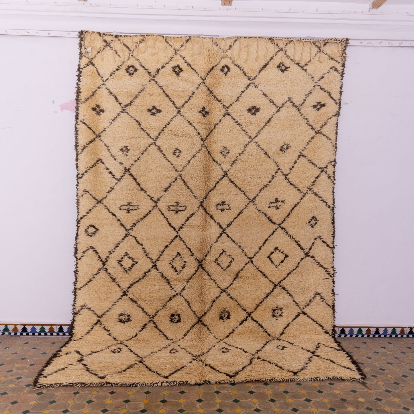 Vintage Moroccan Beni Ourain Rug | Handwoven Wool Carpet with Diamond Motifs ; 12,47 ft  /  6,73 ft
