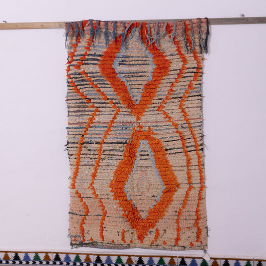 Vintage Boujad Rug – Handmade Moroccan Wool Carpet, Beige & Orange Geometric Tribal Design, Boho & Mid-Century Home Decor