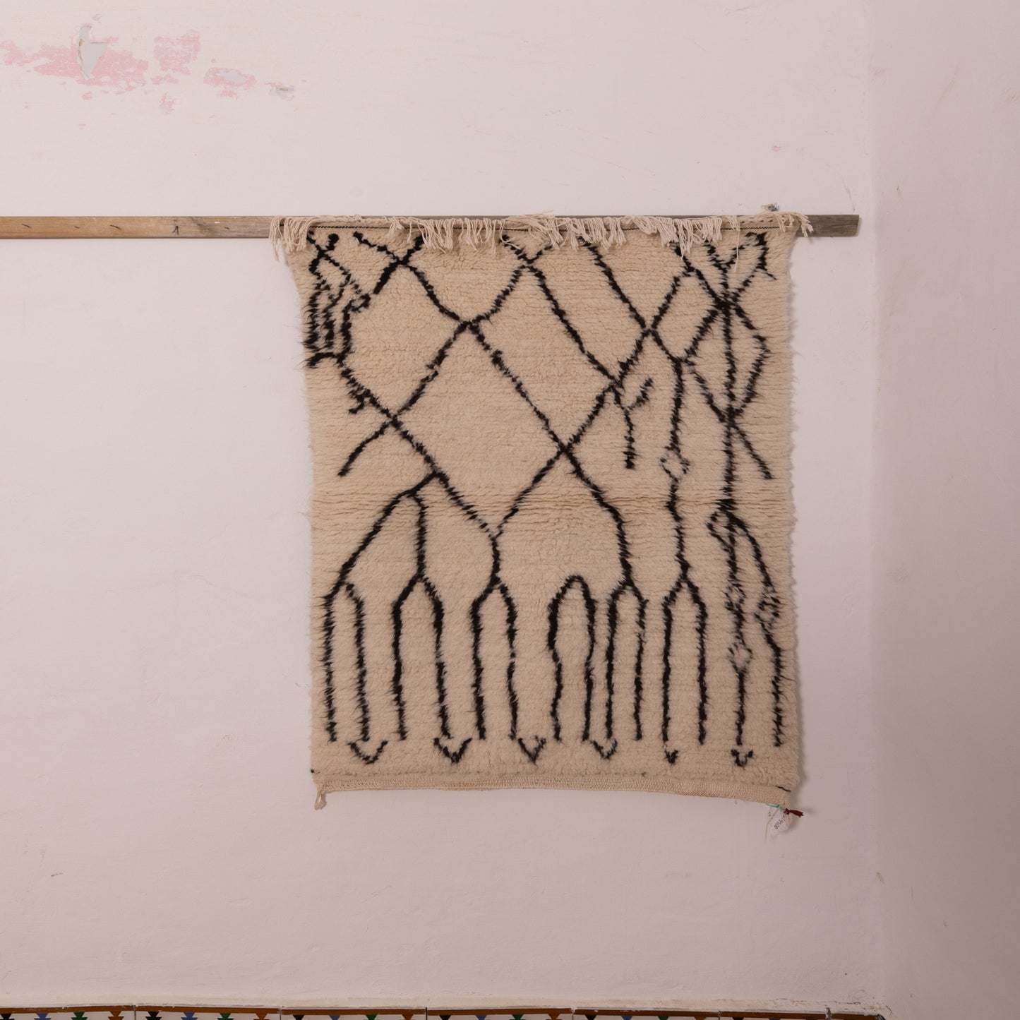 Minimalist Moroccan Azilal Rug - Handwoven Wool with Abstract Tribal Diamond Design - Neutral Boho Decor