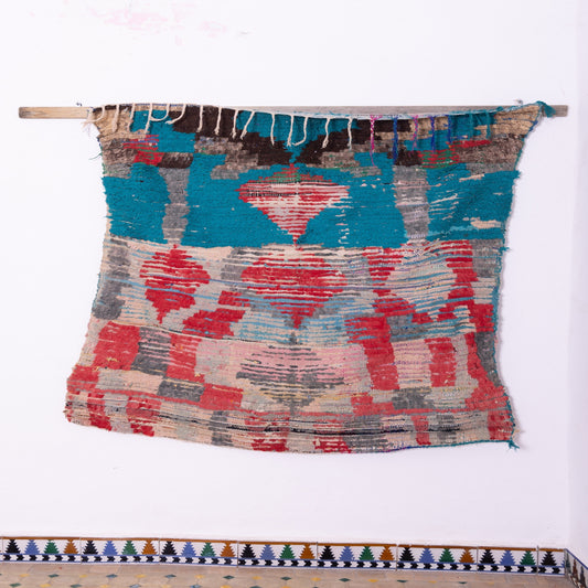 Vintage Moroccan Boucherouite Rug – Handwoven Berber Carpet with Turquoise & Red Abstract Patterns