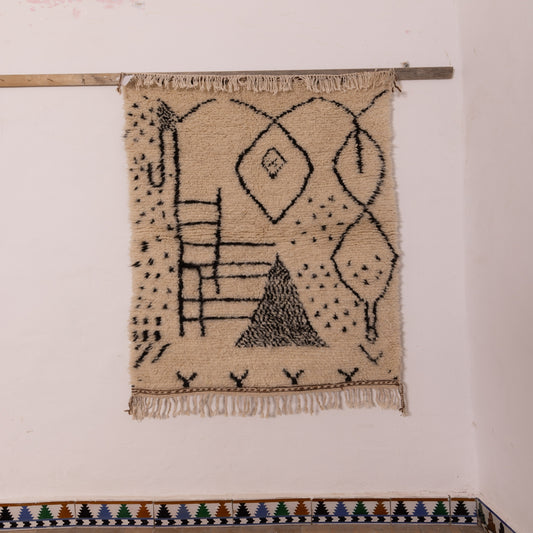 Neutral Azilal Rug with Tribal Symbols - Handmade Wool & Cotton Moroccan Carpet - Small Berber Wall Hanging or Area Rug
