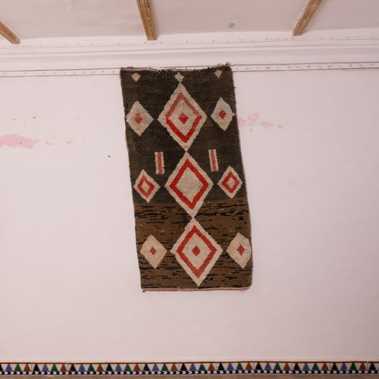 Vintage Moroccan Corridor Runner Rug - Handwoven Wool Carpet - Diamond Geometric Design - Brown, Red & White