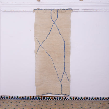 Handwoven Moroccan Mrirt Rug – Soft Berber Wool with Blue Geometric Lines