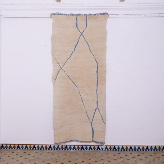 Handwoven Moroccan Mrirt Rug – Soft Berber Wool with Blue Geometric Lines