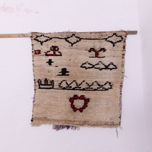 Vintage Azilal Rug with Tribal Symbols - Handmade Moroccan Wool Rug - Small Cream Berber Carpet