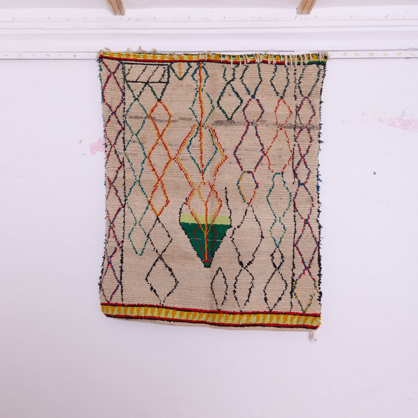 Playful Diamond Web Rug - Handwoven Berber Wool with Central Colorful Motif