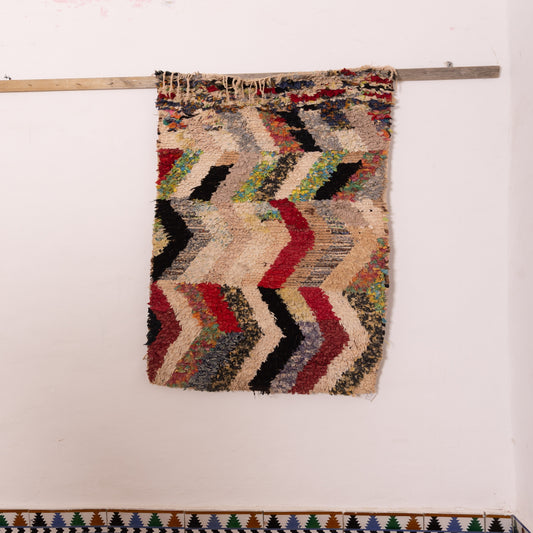 Vintage Moroccan Boucherouite Rug – Handwoven Berber Carpet with Bold Chevron Patterns
