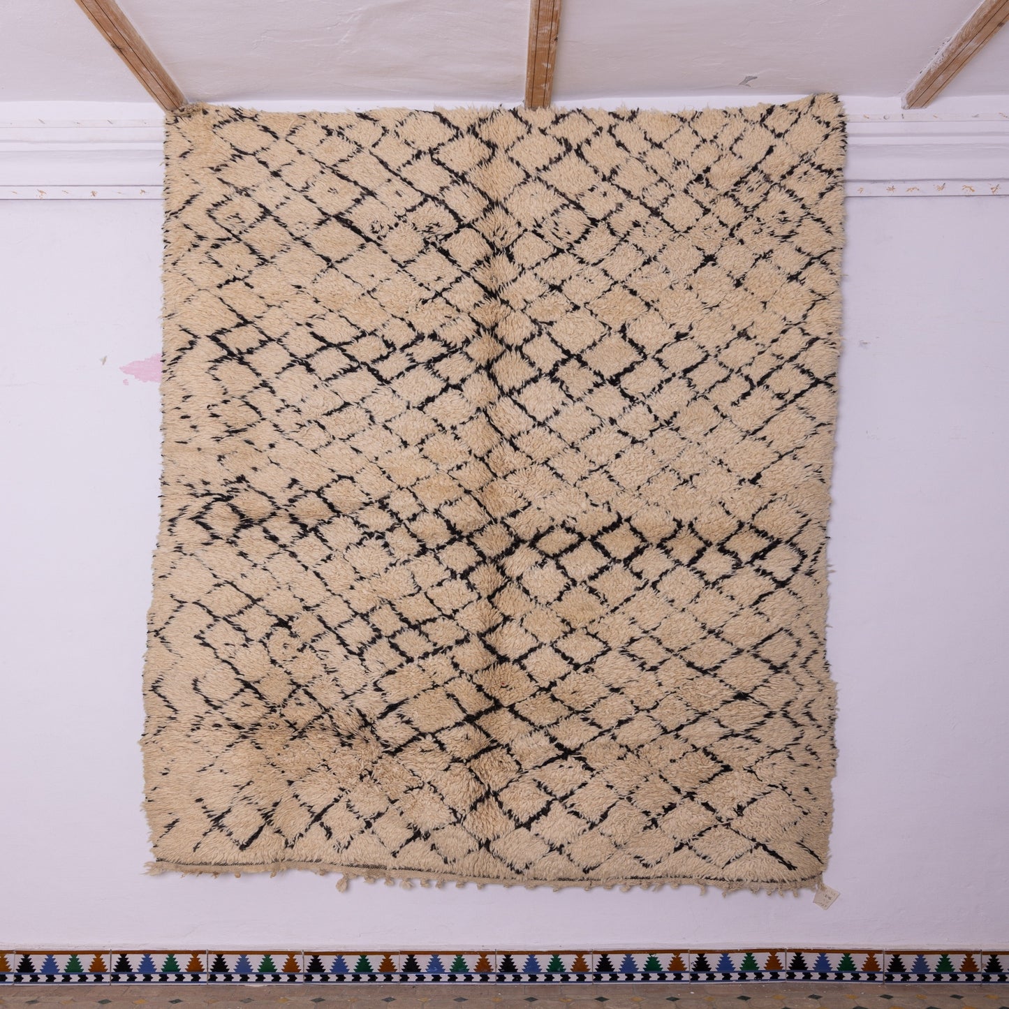 Vintage Moroccan Beni Ourain Rug – Handmade Wool Berber Carpet – Geometric Diamond Design ; 9,51 ft /  6,56 ft