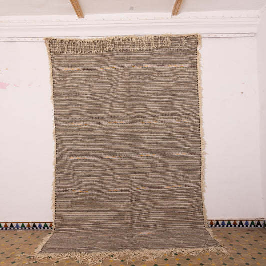 Large Vintage Moroccan Handira Wool Rug - Authentic Berber Striped Blanket - Handmade Tribal Textile