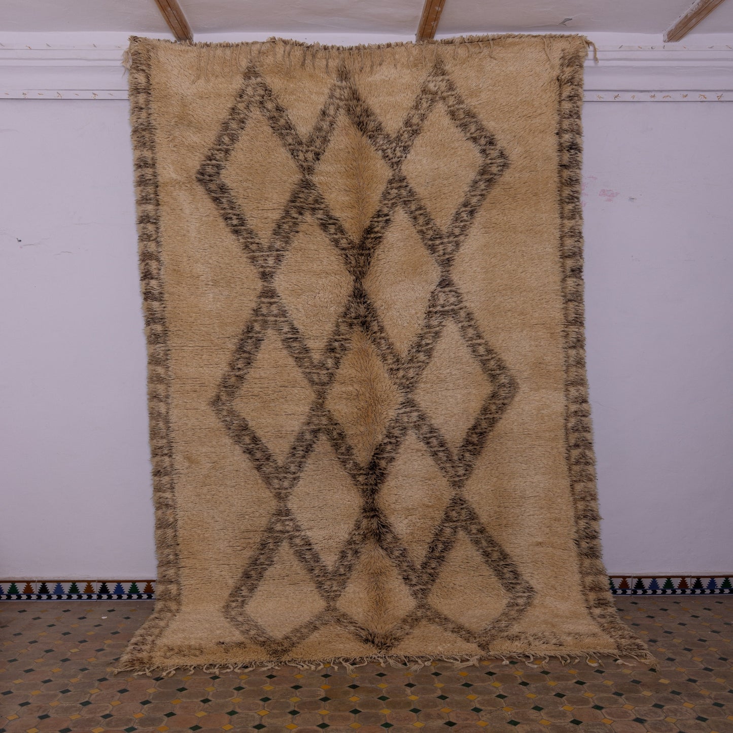 Vintage Moroccan Beni Ourain Rug | Handwoven Wool Berber Carpet | Authentic Tribal Design ; 12,63 ft / 6,56 ft