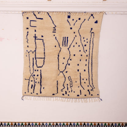 Abstract Berber Azilal Rug with Tribal Indigo Symbols - Handwoven Moroccan Wool & Cotton Carpet - One-of-a-Kind Art Rug
