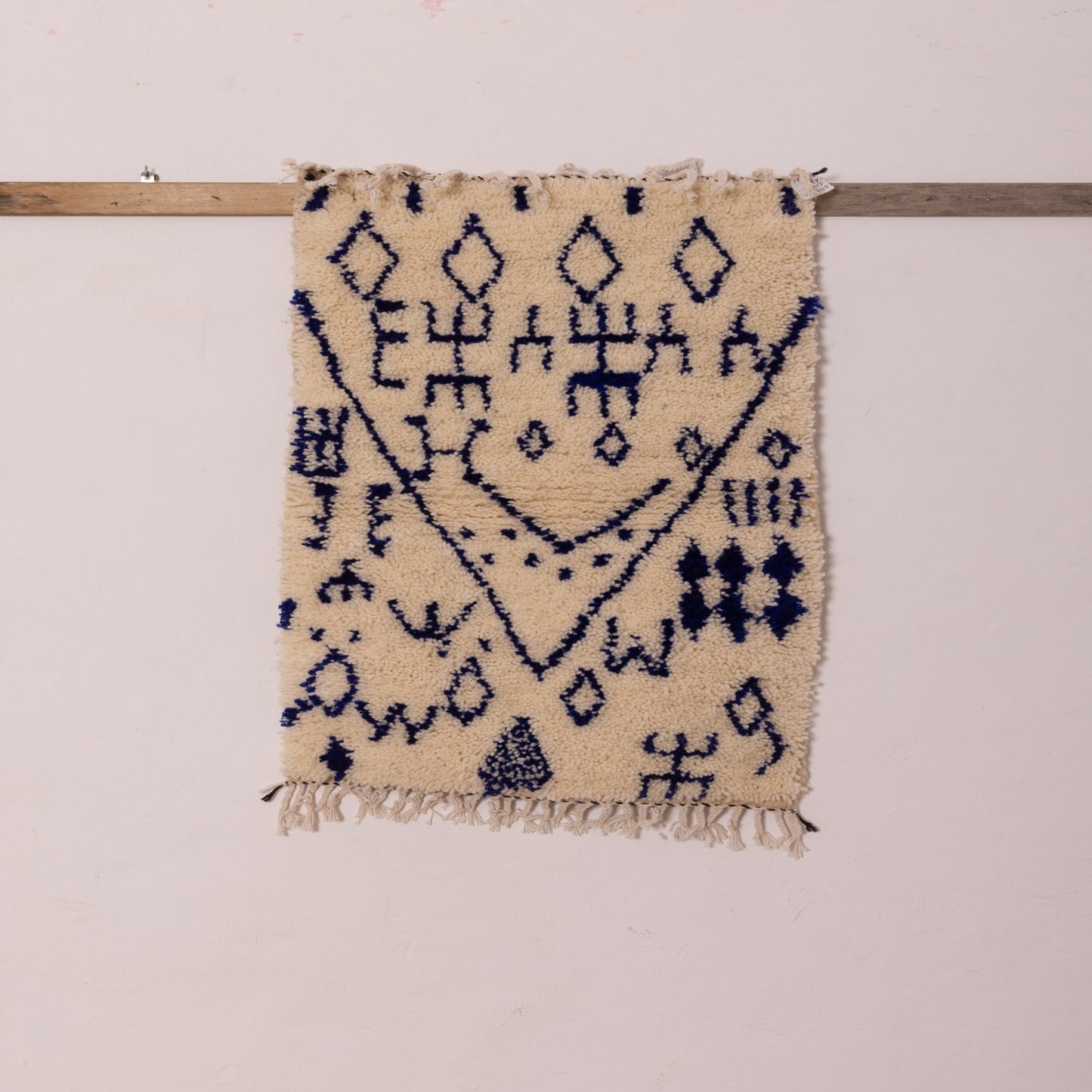 New Handmade Azilal Wool Rug - Tribal Symbols in Blue on Cream - Boho Moroccan Wall Art or Floor Decor