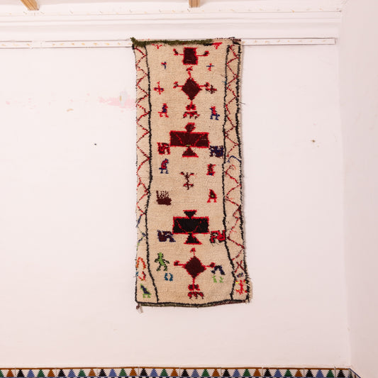 Vintage Moroccan Corridor Rug - Cream Wool Runner with Tribal Symbols & Figures - Narrow Handwoven Berber Hallway Carpet