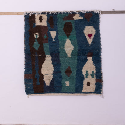 Handwoven Moroccan Boujad Rug – Contemporary Wool Berber Carpet, Boho Chic Area Rug, Blue & Earthy Tones, Unique Geometric Design