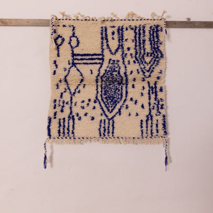 New Handmade Azilal Rug - Abstract Blue Berber Symbols on Cream - Modern Moroccan Tribal Wall Hanging or Floor Piece