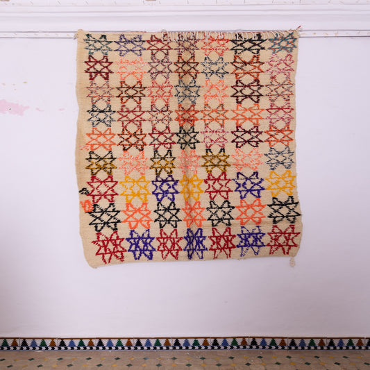 Starlight Mosaic” – Vintage Moroccan Azilal Rug with Colorful Geometric Starburst Pattern