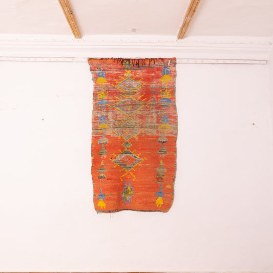 Vintage Moroccan Handwoven Runner Rug - Orange with Geometric Diamond & Colorful Accents - Wool & Cotton - 80% Wool 20% Cotton