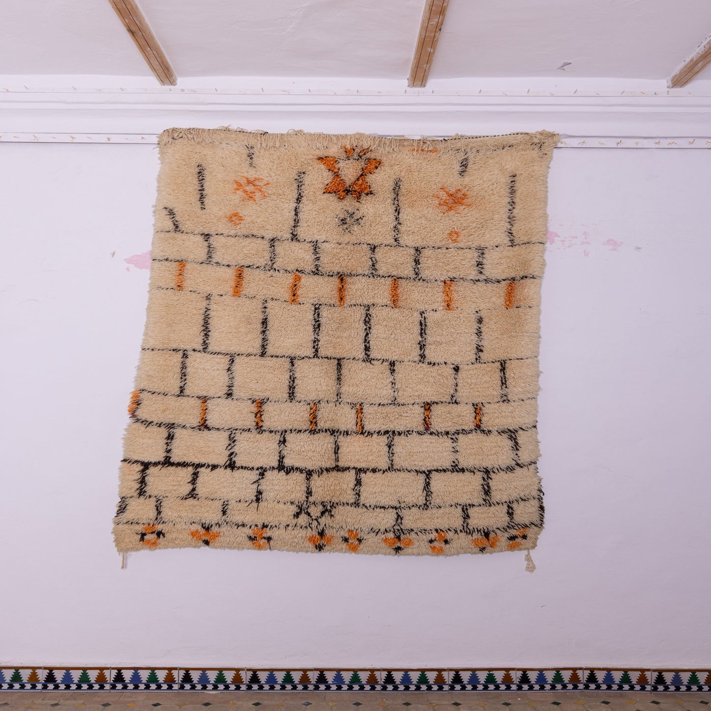 Vintage Moroccan Wedding Rug – Handmade Wool Berber Marriage Carpet – Symbolic Bridal Tapestry ; 7,55 ft / 5,58 ft