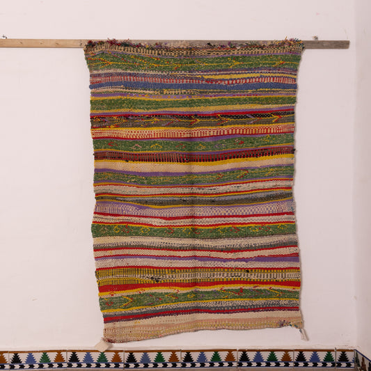 Vintage Moroccan Boucherouite Rug – Handwoven Berber Carpet with Colorful Striped Patterns