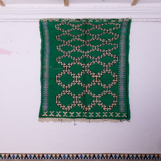 Vintage Moroccan Azilal Rug – Handwoven Green Berber Carpet – Bohemian Wool Tribal Decor