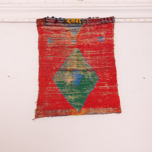 Vintage Moroccan Corridor Rug - Bold Red Runner with Central Diamond - Handwoven Berber Wool