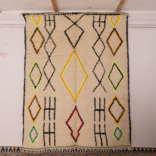 Modern Azilal Runner Rug - Handmade Moroccan Berber Carpet - 80% Wool, 20% Cotton - Tribal Diamond & Line Design