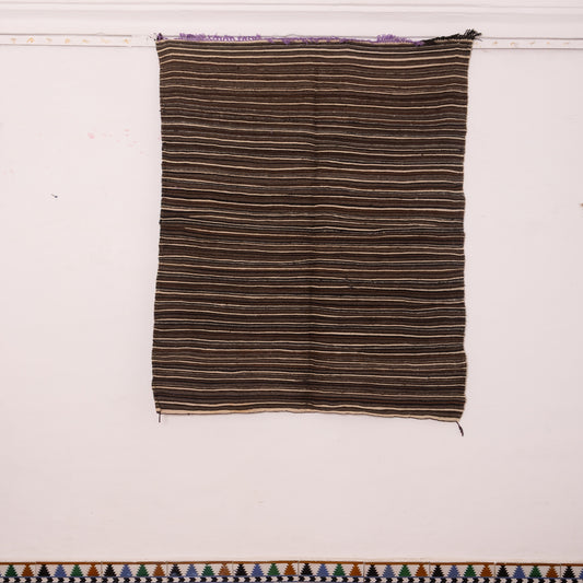 Vintage Moroccan Striped Handwoven Rug - Dark Brown Berber Wool Blanket - Authentic Nomadic Textile