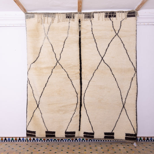 Handmade Mrirt Rug – 100% Wool Moroccan Berber Carpet – Cream & Black Abstract Geometric Wool Rug – Luxury Boho & Minimalist Home Decor