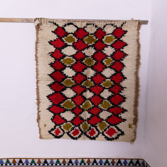 Vintage Moroccan Azilal Rug - Bold Red & Olive Diamond Pattern - Handwoven Berber Wool Carpet - Small Accent Rug