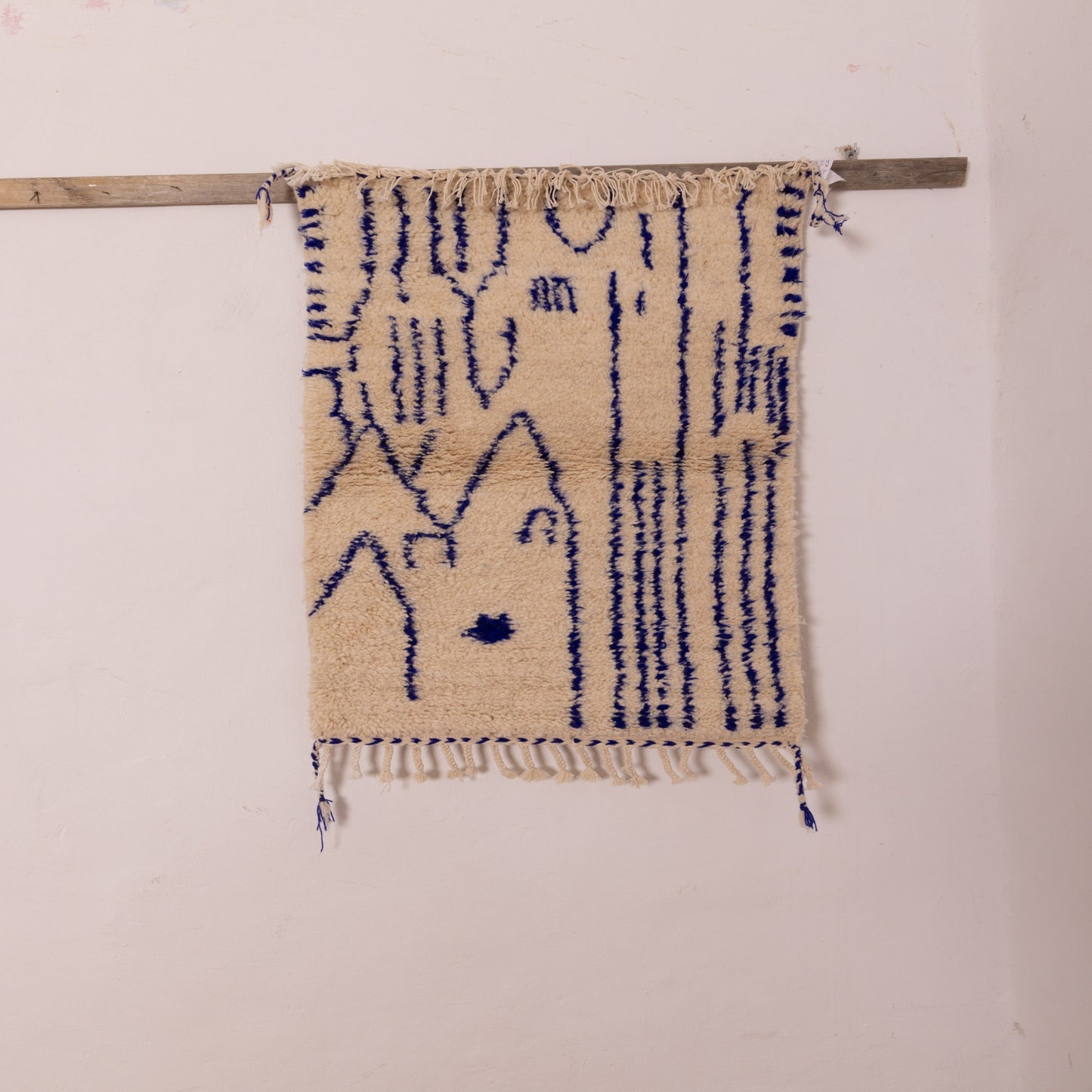 New Handmade Azilal Wool Rug - Abstract Blue Moroccan Design on Cream - Modern Tribal Wall Art or Floor Rug