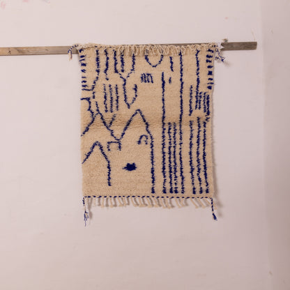 New Handmade Azilal Wool Rug - Abstract Blue Moroccan Design on Cream - Modern Tribal Wall Art or Floor Rug