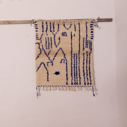 New Handmade Azilal Wool Rug - Abstract Blue Moroccan Design on Cream - Modern Tribal Wall Art or Floor Rug