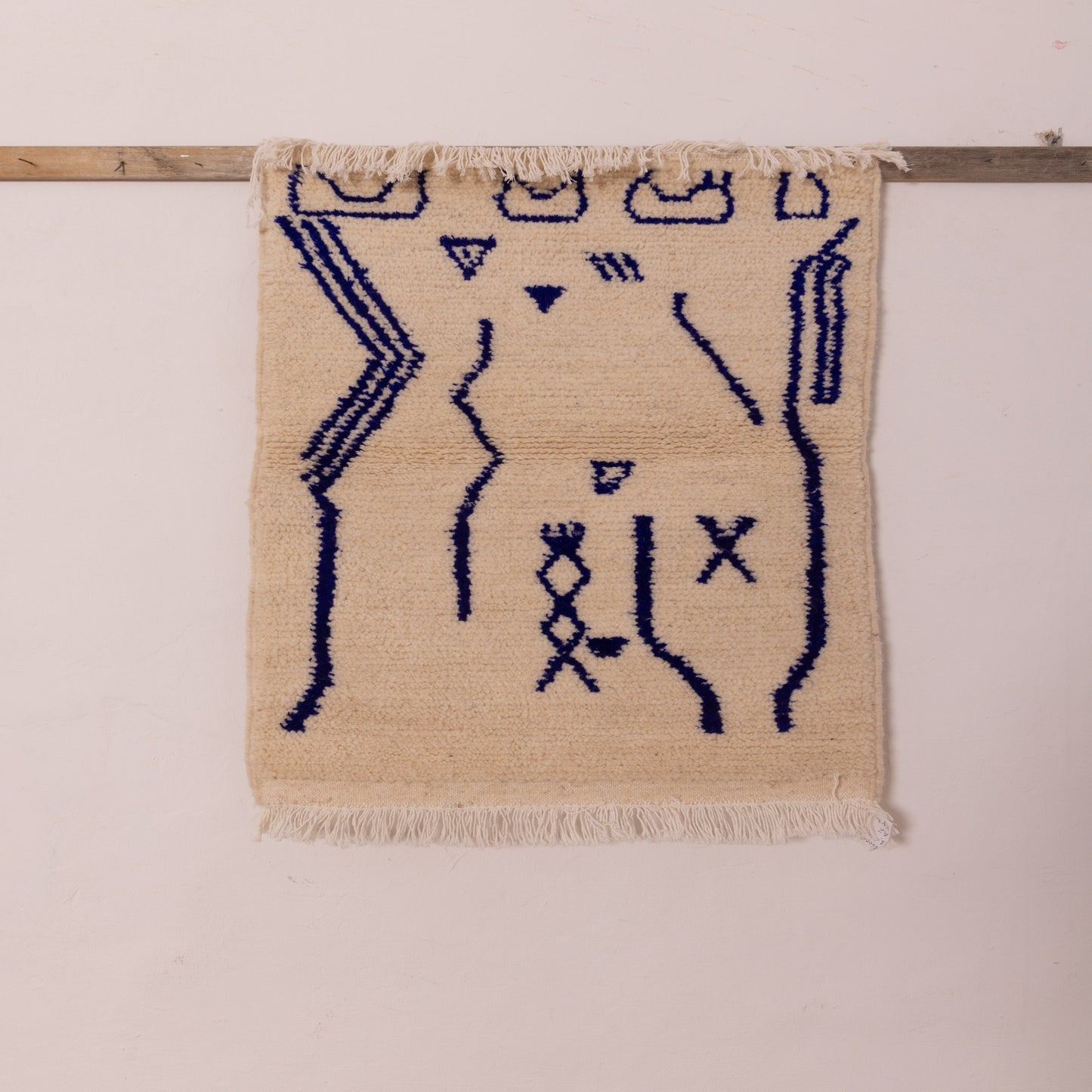 New Handmade Azilal Wool Rug - Blue Abstract Moroccan Symbols on Cream - Modern Tribal Decor for Wall or Floor