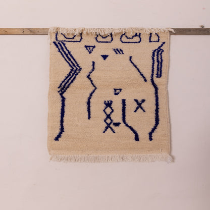 New Handmade Azilal Wool Rug - Blue Abstract Moroccan Symbols on Cream - Modern Tribal Decor for Wall or Floor