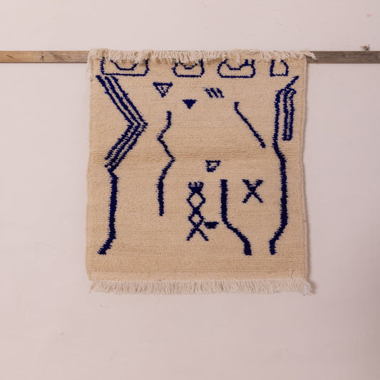 New Handmade Azilal Wool Rug - Blue Abstract Moroccan Symbols on Cream - Modern Tribal Decor for Wall or Floor