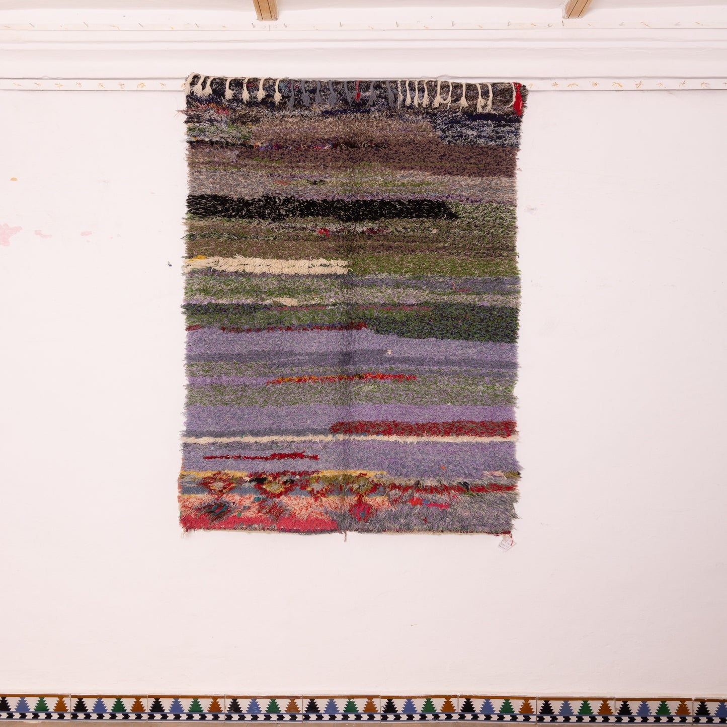 Vintage Moroccan Boucherouite Rug – Handwoven Berber Carpet with Earthy & Pastel Stripes