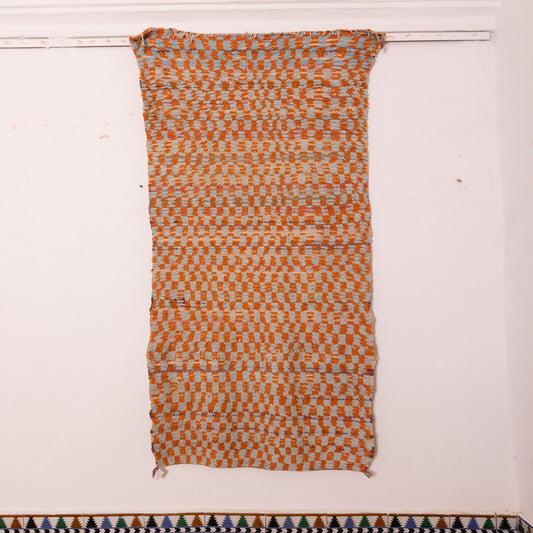 Vintage Moroccan Corridor Rug - Handwoven Wool Runner with Orange & Blue Checkered Pattern -  Berber Narrow Hallway Carpet