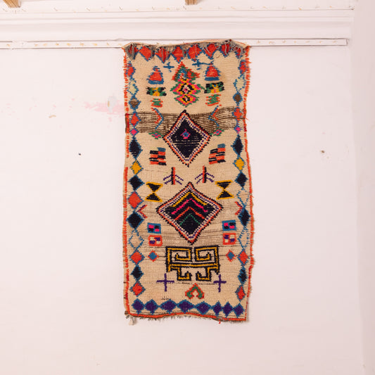 Vintage Moroccan Corridor Rug - Long Wool Hallway Runner with Tribal Symbols & Colorful Berber Motifs - Handwoven Wool Rug