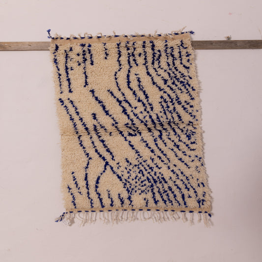 New Handmade Azilal Wool Rug - Abstract Blue Stripes on Cream - Moroccan Contemporary Art Decor