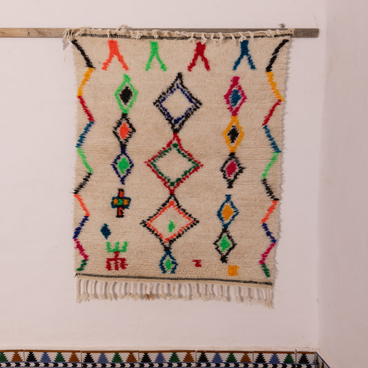 Colorful Moroccan Azilal Rug - Handwoven Boho Wool Runner with Geometric Berber Motifs - Eclectic Wall Art or Floor Mat