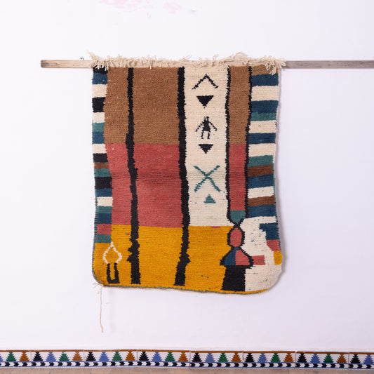 Tribal Symbol Boujad Rug – New Moroccan Wool Rug – Earthy Abstract Wall Hanging – Mustard, Ivory, and Terracotta Handmade Berber Art