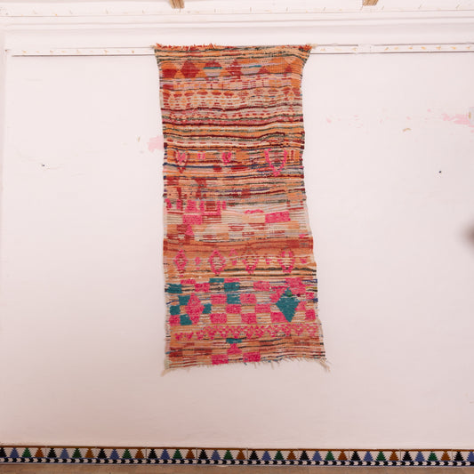 Vintage Moroccan Corridor Rug - Flat-Weave Wool Runner with Tribal Pink & Turquoise Motifs - Handwoven Hallway Berber Carpet