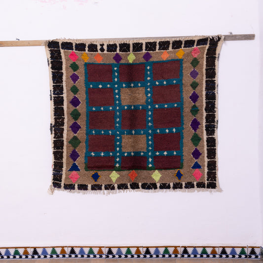 Vintage Azilal Wool Rug - Bold Geometric Grid with Colorful Tribal Border - Handwoven Moroccan Art