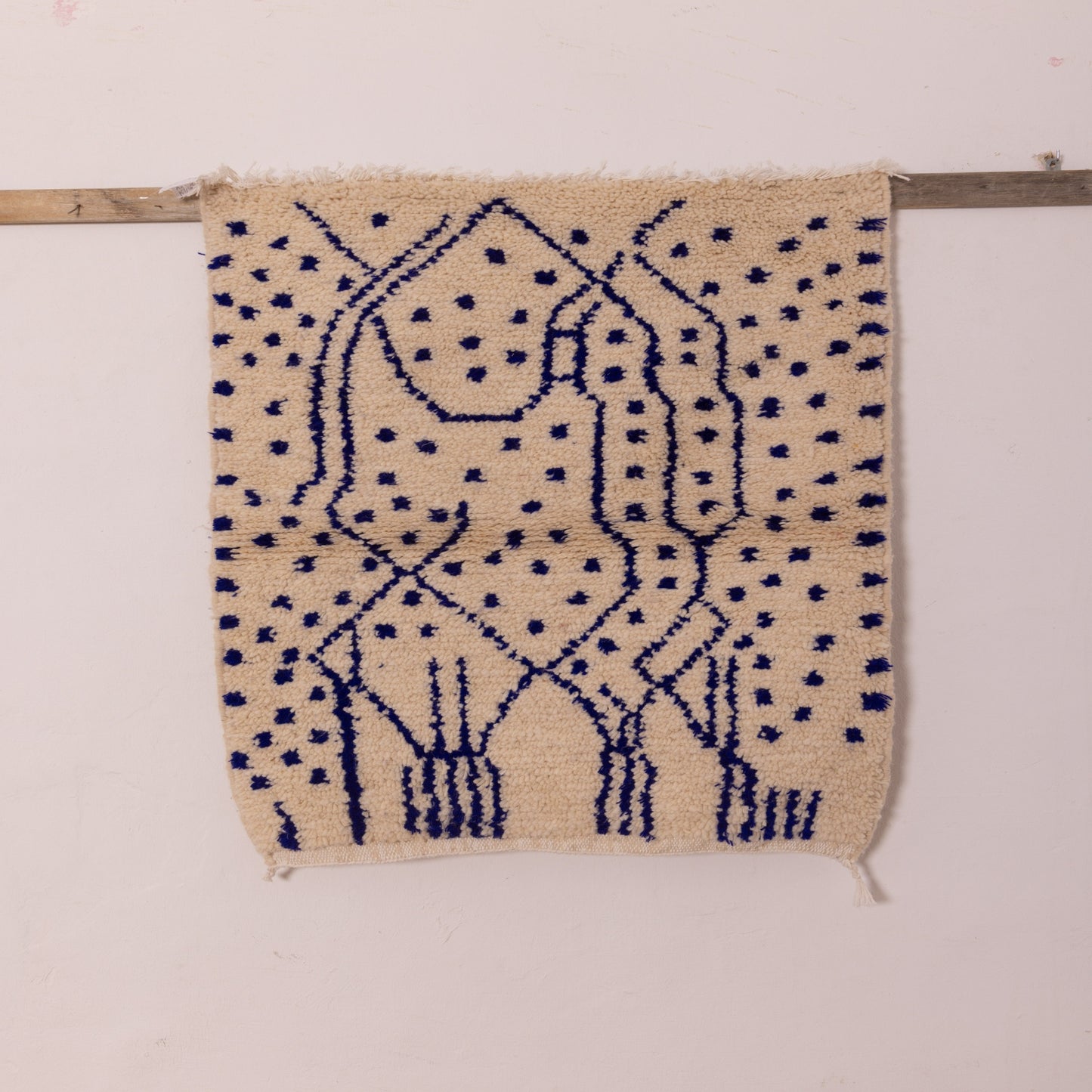 New Handmade Azilal Wool Rug - Abstract Blue Tribal Design on Cream - Moroccan Tribal Wall Hanging or Floor Decor
