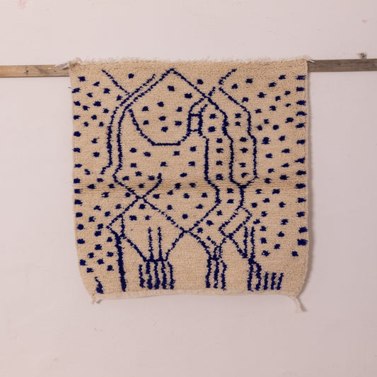 New Handmade Azilal Wool Rug - Abstract Blue Tribal Design on Cream - Moroccan Tribal Wall Hanging or Floor Decor