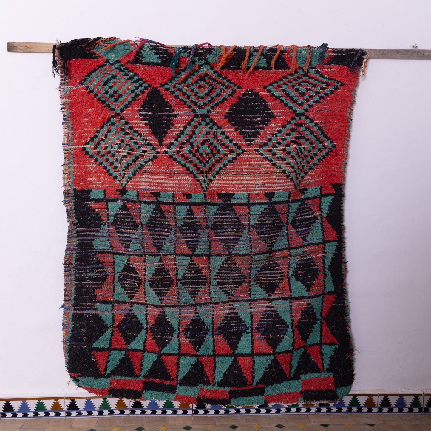 Vintage Azilal Rug – Bold Red & Green Moroccan Wool Rug - Handwoven Tribal Art Piece - Mid-Century Berber Carpet